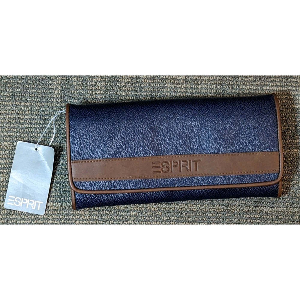 Vtg Esprit Navy Blue Brown Faux Leather Bi-Fold Wallet Clutch NOS Checkbook